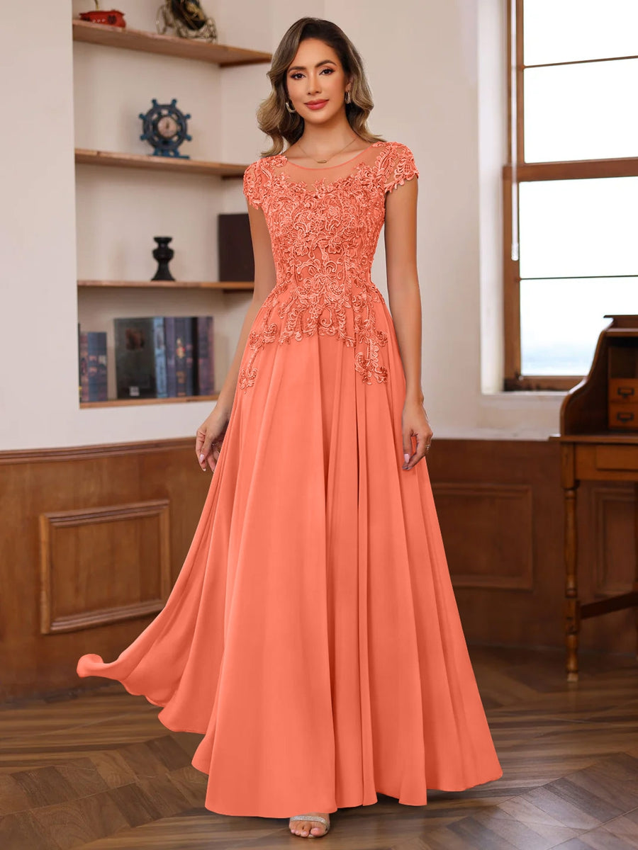 Floor-Length A-Line Mother of the Bride Dress with Scoop Neck and Short Sleeves Featuring Appliques