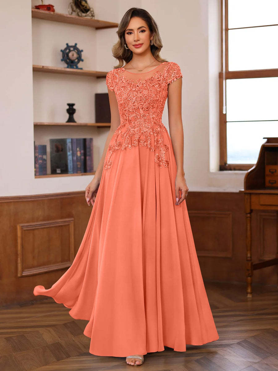 Floor-Length A-Line Mother of the Bride Dress with Scoop Neck and Short Sleeves Featuring Appliques