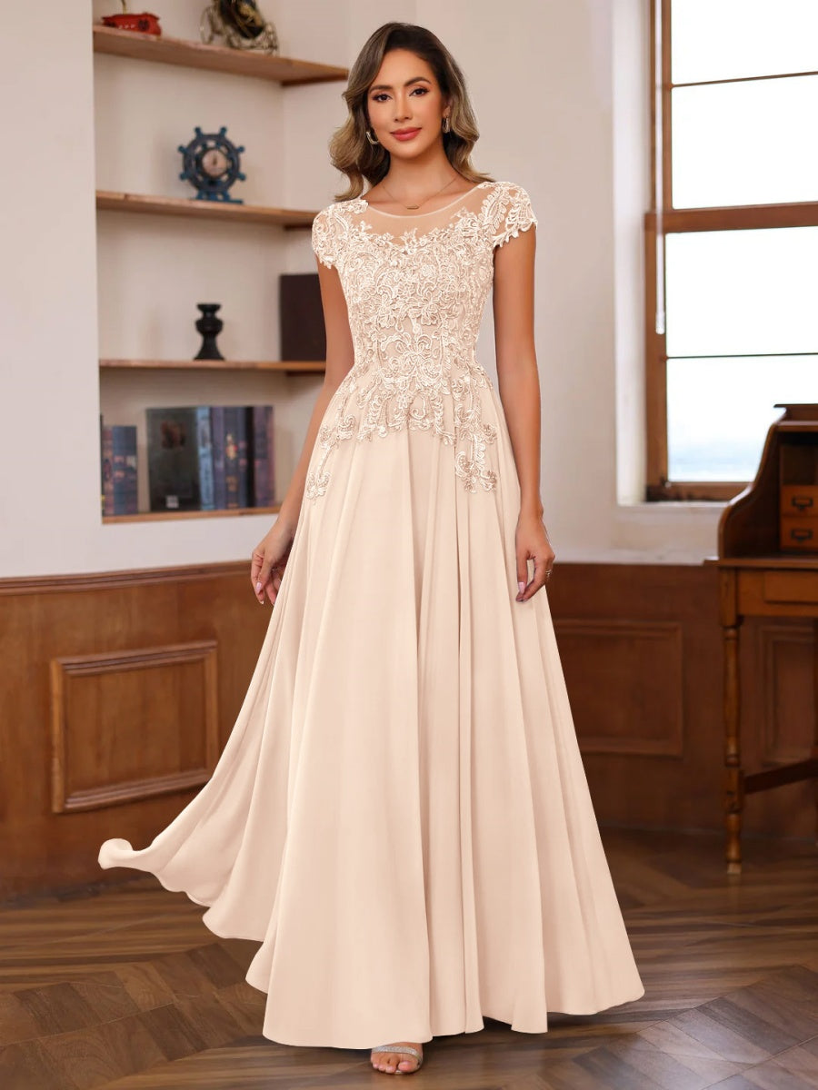 Floor-Length A-Line Mother of the Bride Dress with Scoop Neck and Short Sleeves Featuring Appliques