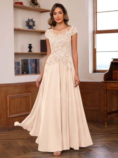 Floor-Length A-Line Mother of the Bride Dress with Scoop Neck and Short Sleeves Featuring Appliques