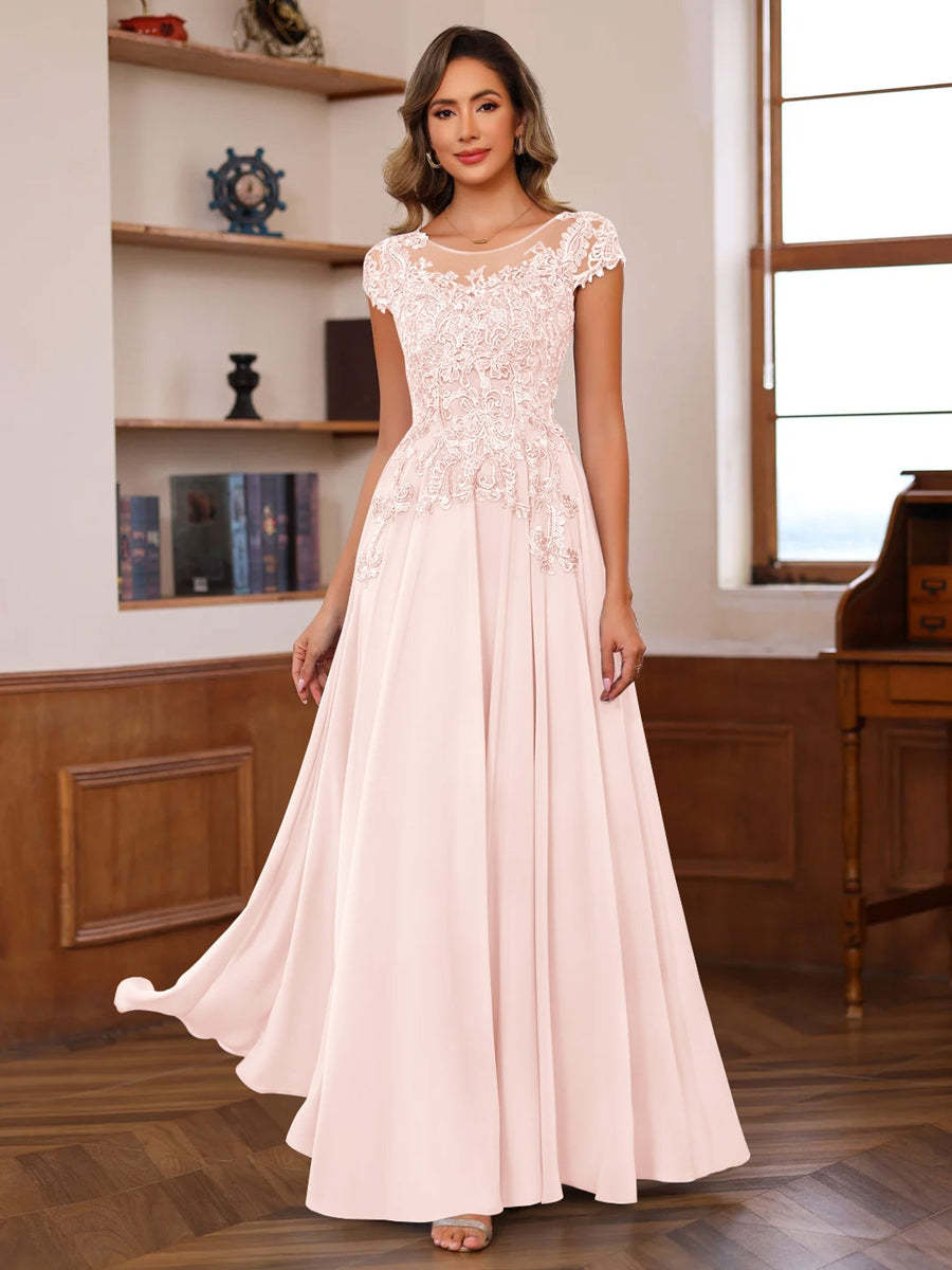 Floor-Length A-Line Mother of the Bride Dress with Scoop Neck and Short Sleeves Featuring Appliques