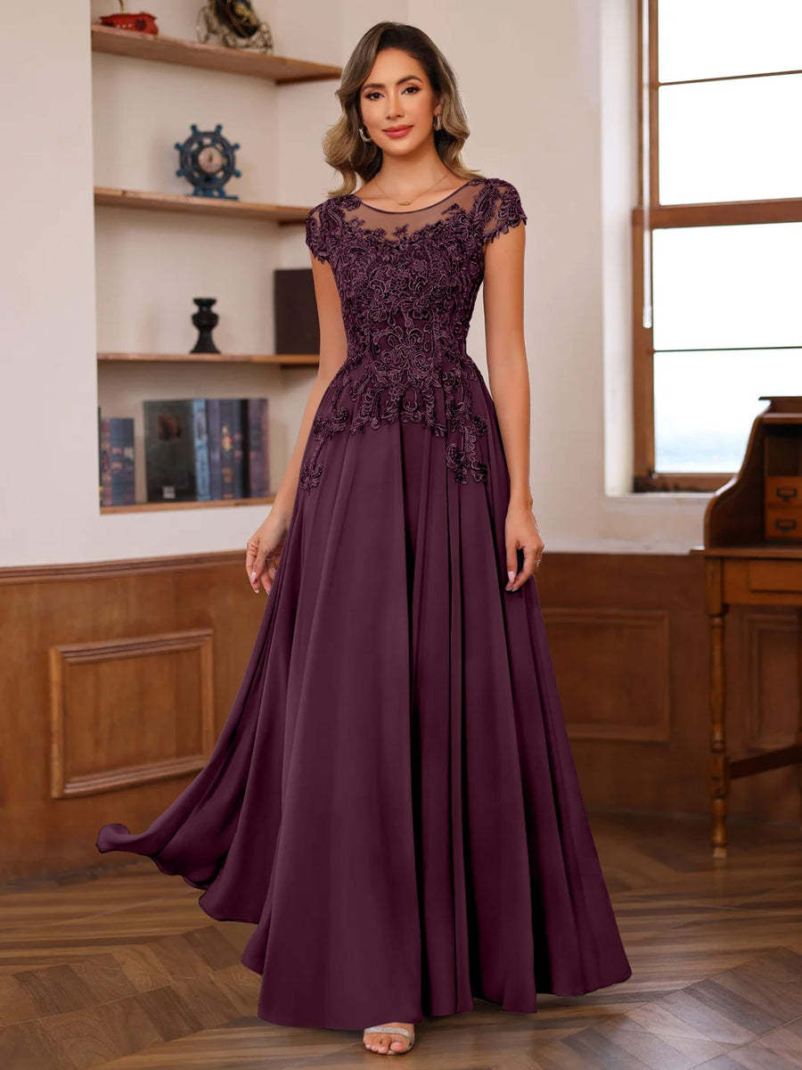 Floor-Length A-Line Mother of the Bride Dress with Scoop Neck and Short Sleeves Featuring Appliques