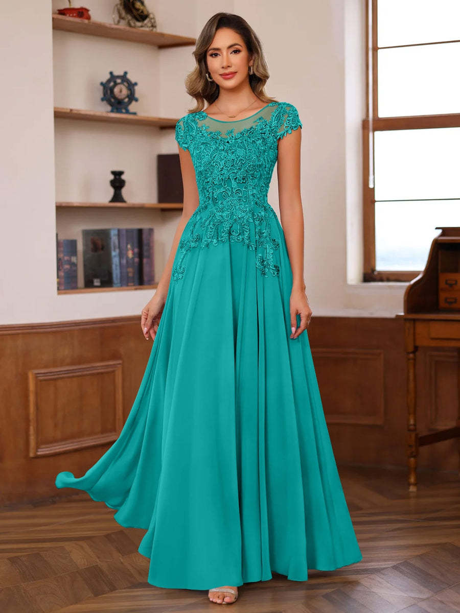 Floor-Length A-Line Mother of the Bride Dress with Scoop Neck and Short Sleeves Featuring Appliques