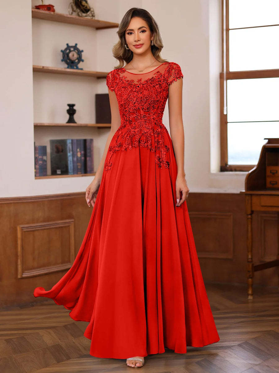 Floor-Length A-Line Mother of the Bride Dress with Scoop Neck and Short Sleeves Featuring Appliques