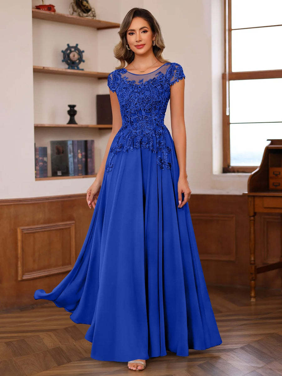 Floor-Length A-Line Mother of the Bride Dress with Scoop Neck and Short Sleeves Featuring Appliques