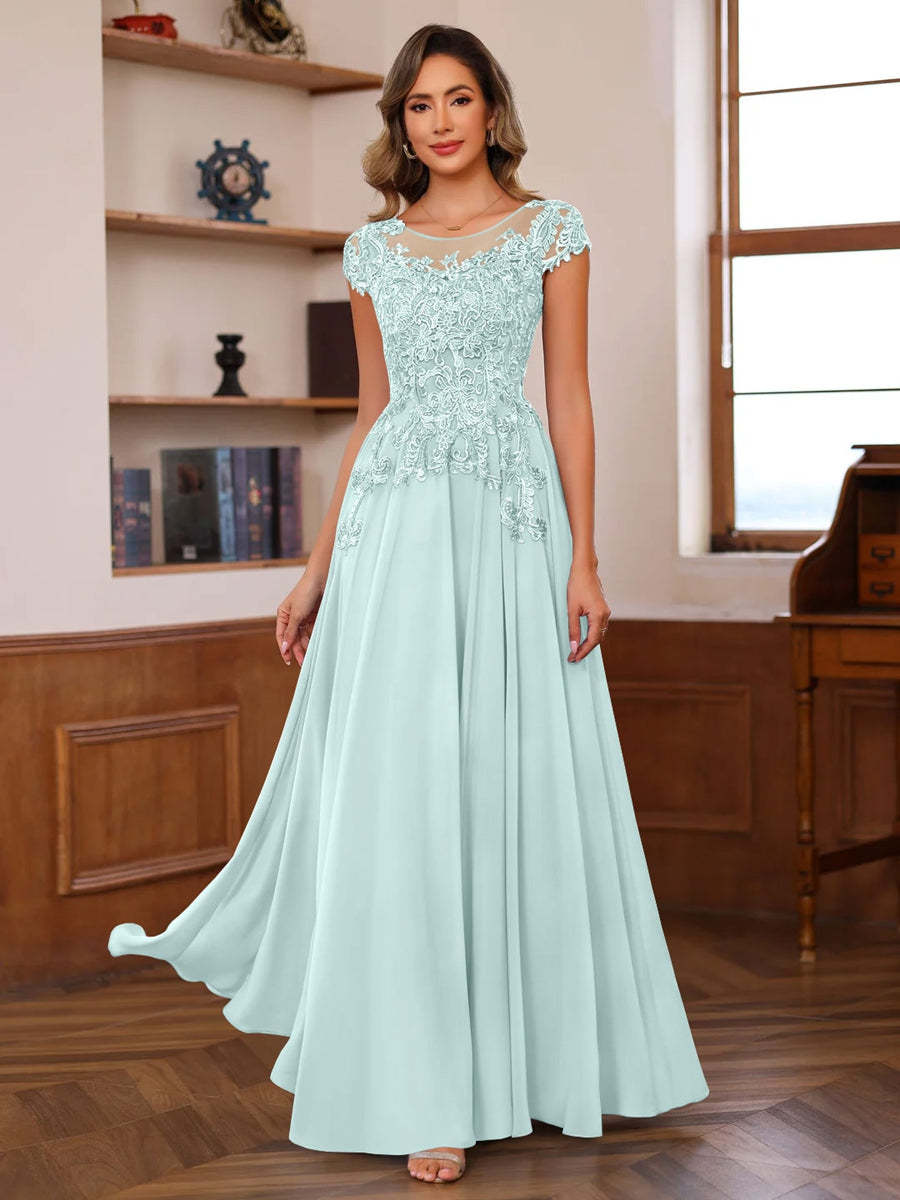 Floor-Length A-Line Mother of the Bride Dress with Scoop Neck and Short Sleeves Featuring Appliques