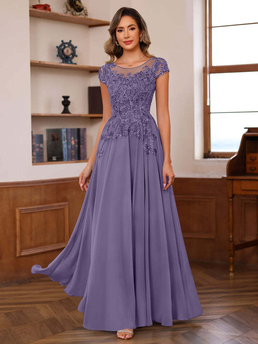 Floor-Length A-Line Mother of the Bride Dress with Scoop Neck and Short Sleeves Featuring Appliques