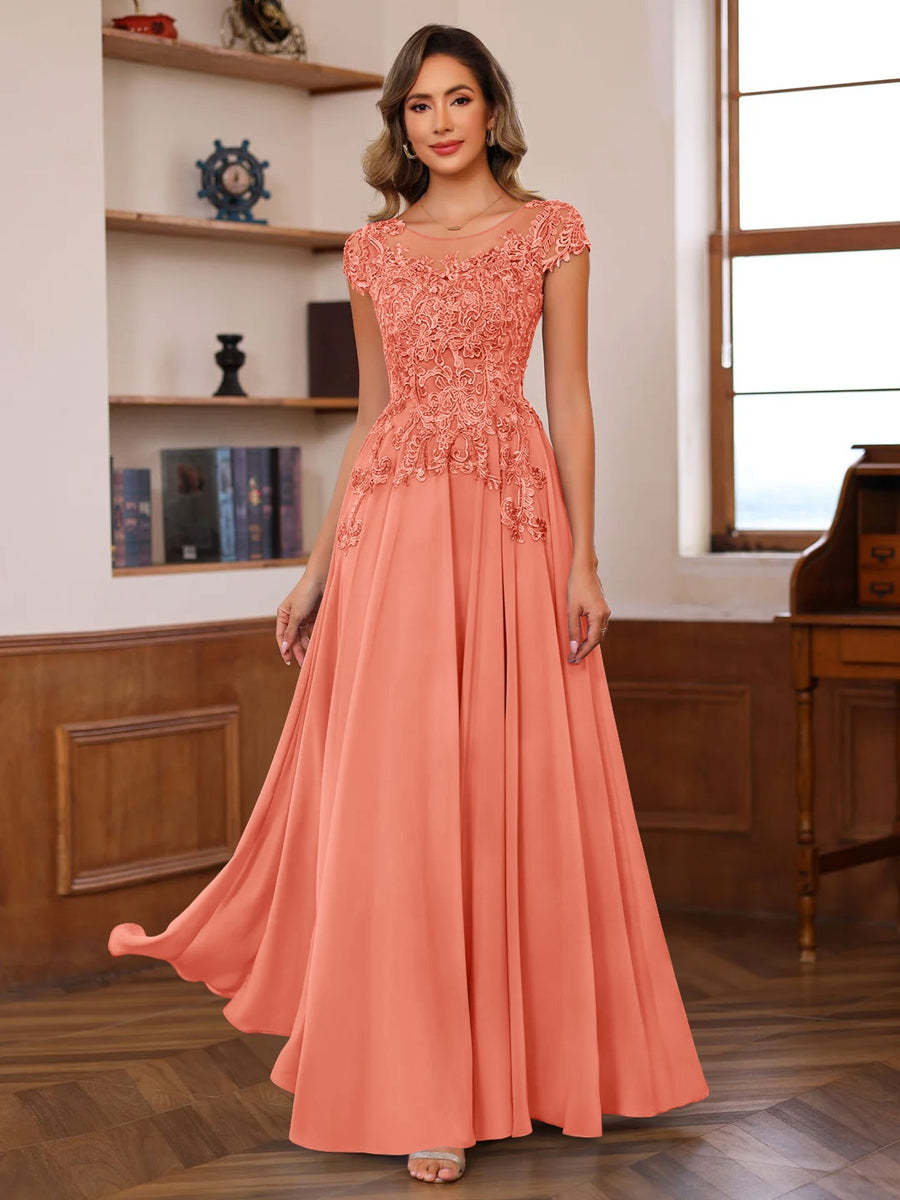 Floor-Length A-Line Mother of the Bride Dress with Scoop Neck and Short Sleeves Featuring Appliques