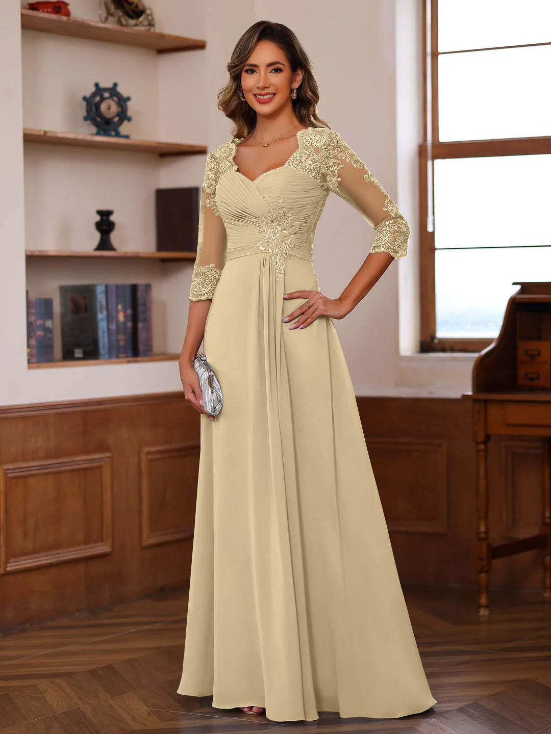 Sweetheart Neck A-Line Princess Gown with 3/4 Sleeves Floor-Length Lace Bridal Dress Featuring Ruffles & Appliques-BMbridal.UK