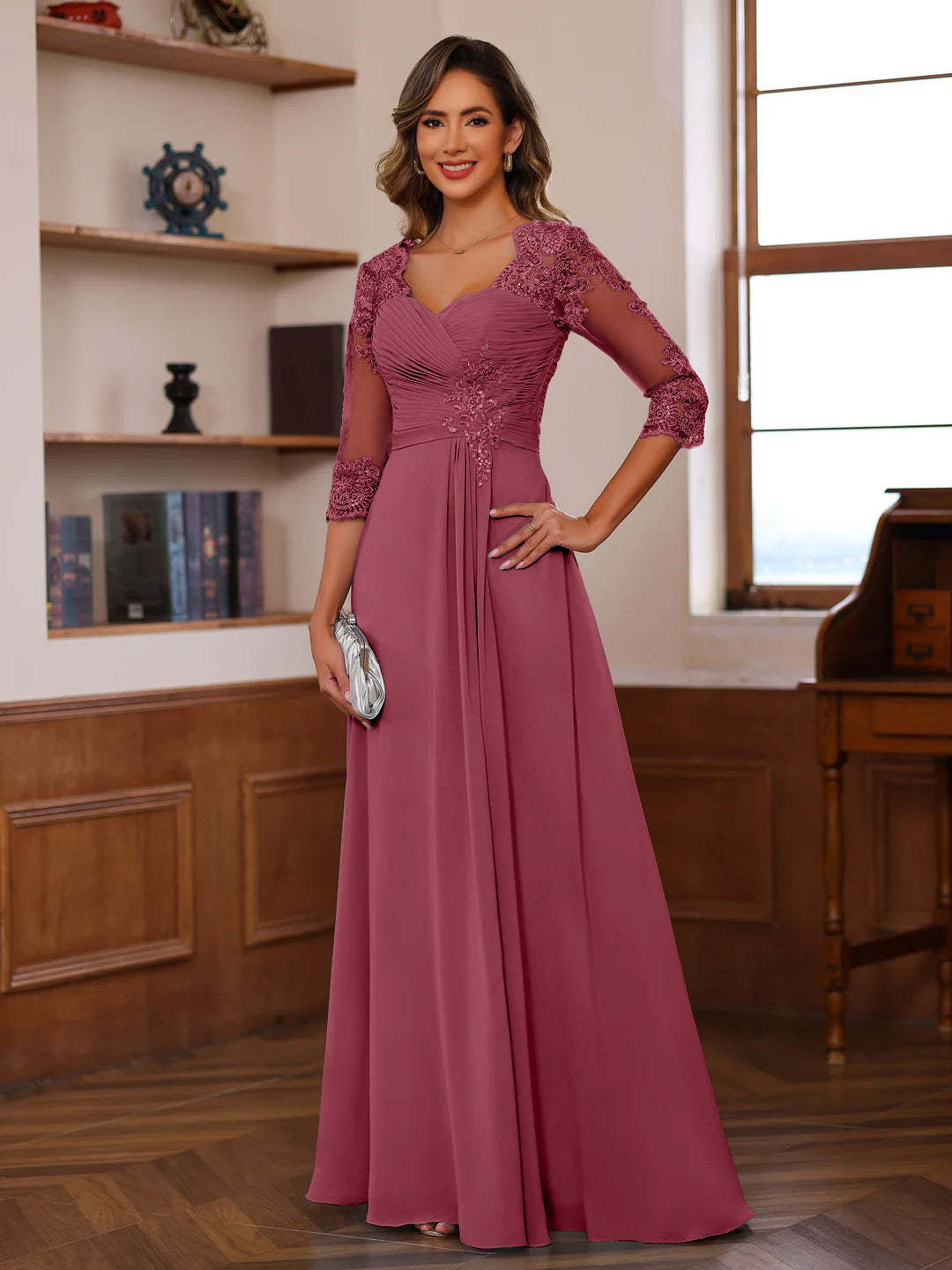 Sweetheart Neck A-Line Princess Gown with 3/4 Sleeves Floor-Length Lace Bridal Dress Featuring Ruffles & Appliques-BMbridal.UK