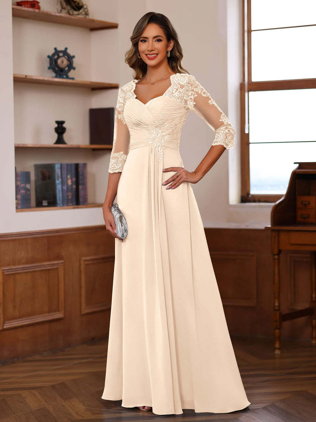 Sweetheart Neck A-Line Princess Gown with 3/4 Sleeves Floor-Length Lace Bridal Dress Featuring Ruffles & Appliques-BMbridal.UK