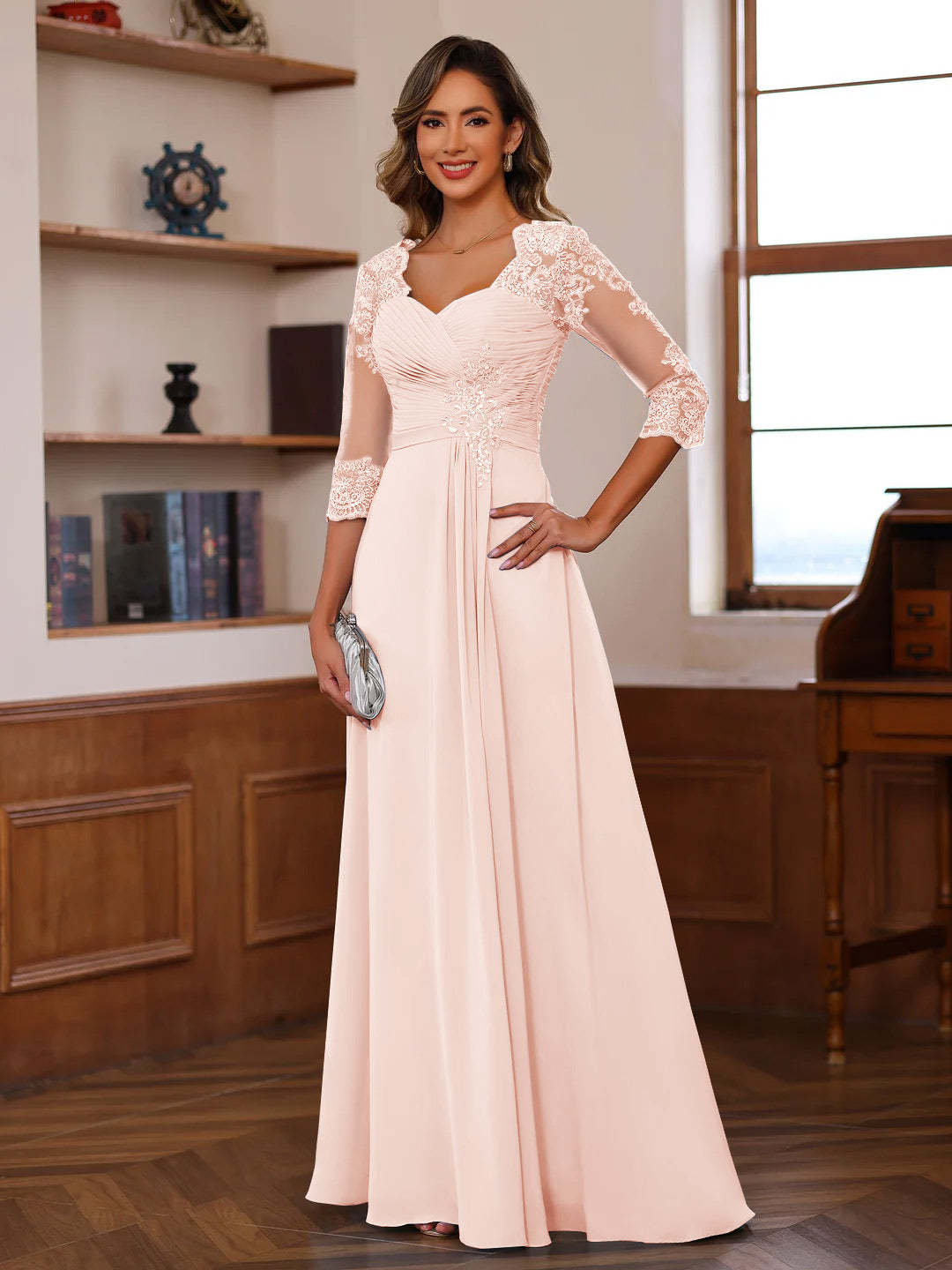 Sweetheart Neck A-Line Princess Gown with 3/4 Sleeves Floor-Length Lace Bridal Dress Featuring Ruffles & Appliques-BMbridal.UK