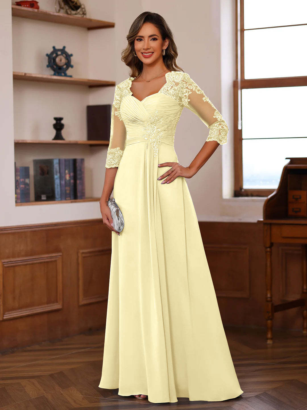 Sweetheart Neck A-Line Princess Gown with 3/4 Sleeves Floor-Length Lace Bridal Dress Featuring Ruffles & Appliques-BMbridal.UK