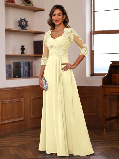 Sweetheart Neck A-Line Princess Gown with 3/4 Sleeves Floor-Length Lace Bridal Dress Featuring Ruffles & Appliques-BMbridal.UK