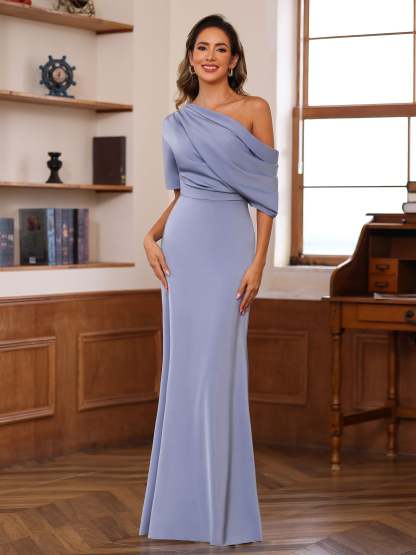 One-Shoulder Silk Satin Gown with Ruffles for the Mother of the Bride