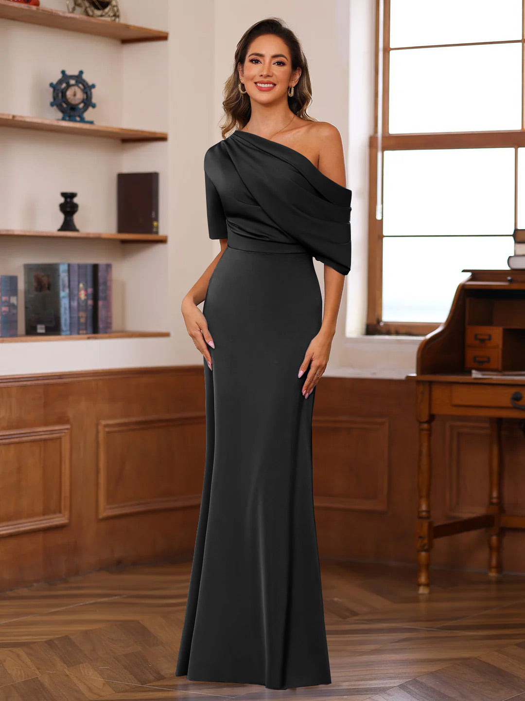 One-Shoulder Silk Satin Gown with Ruffles for the Mother of the Bride