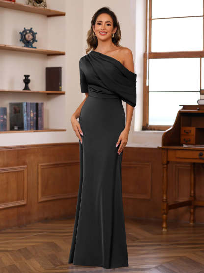 One-Shoulder Silk Satin Gown with Ruffles for the Mother of the Bride