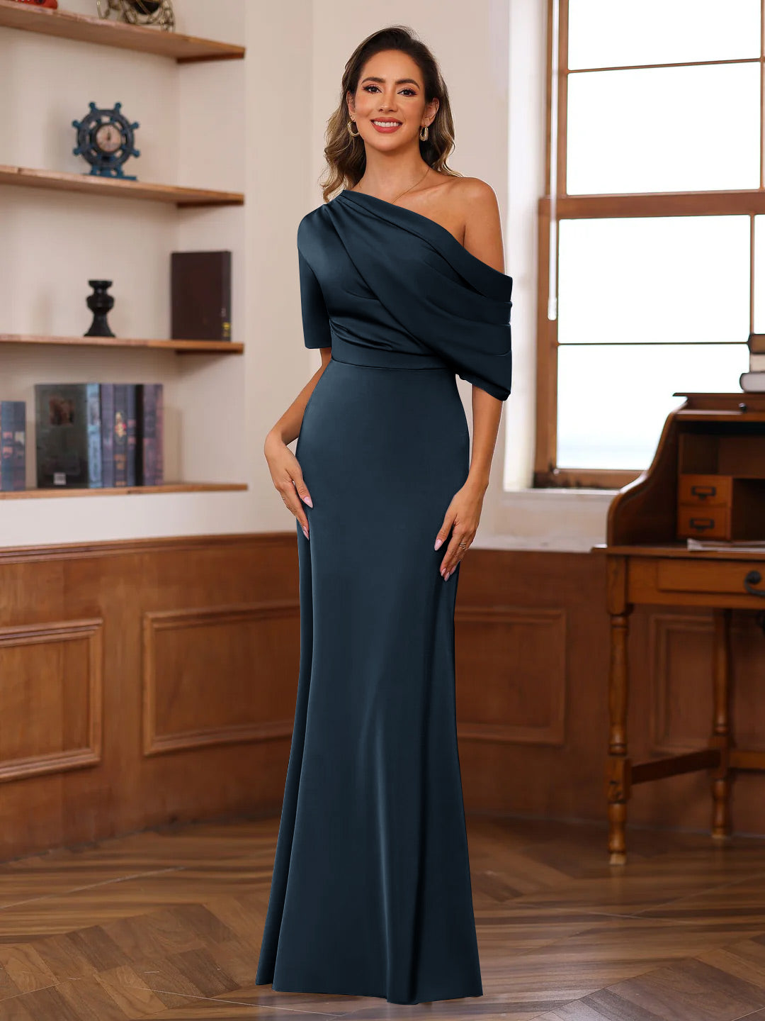 One-Shoulder Silk Satin Gown with Ruffles for the Mother of the Bride