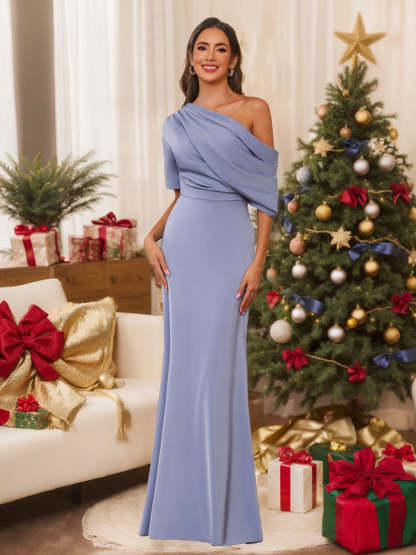 One-Shoulder Silk Satin Gown with Ruffles for the Mother of the Bride