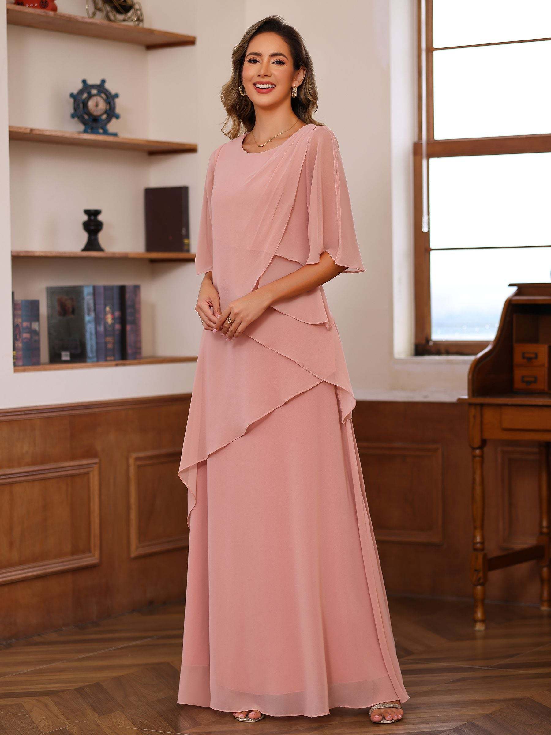 Floor-Length A-Line Princess Gown with Scoop Neck and Ruffled Half Sleeves