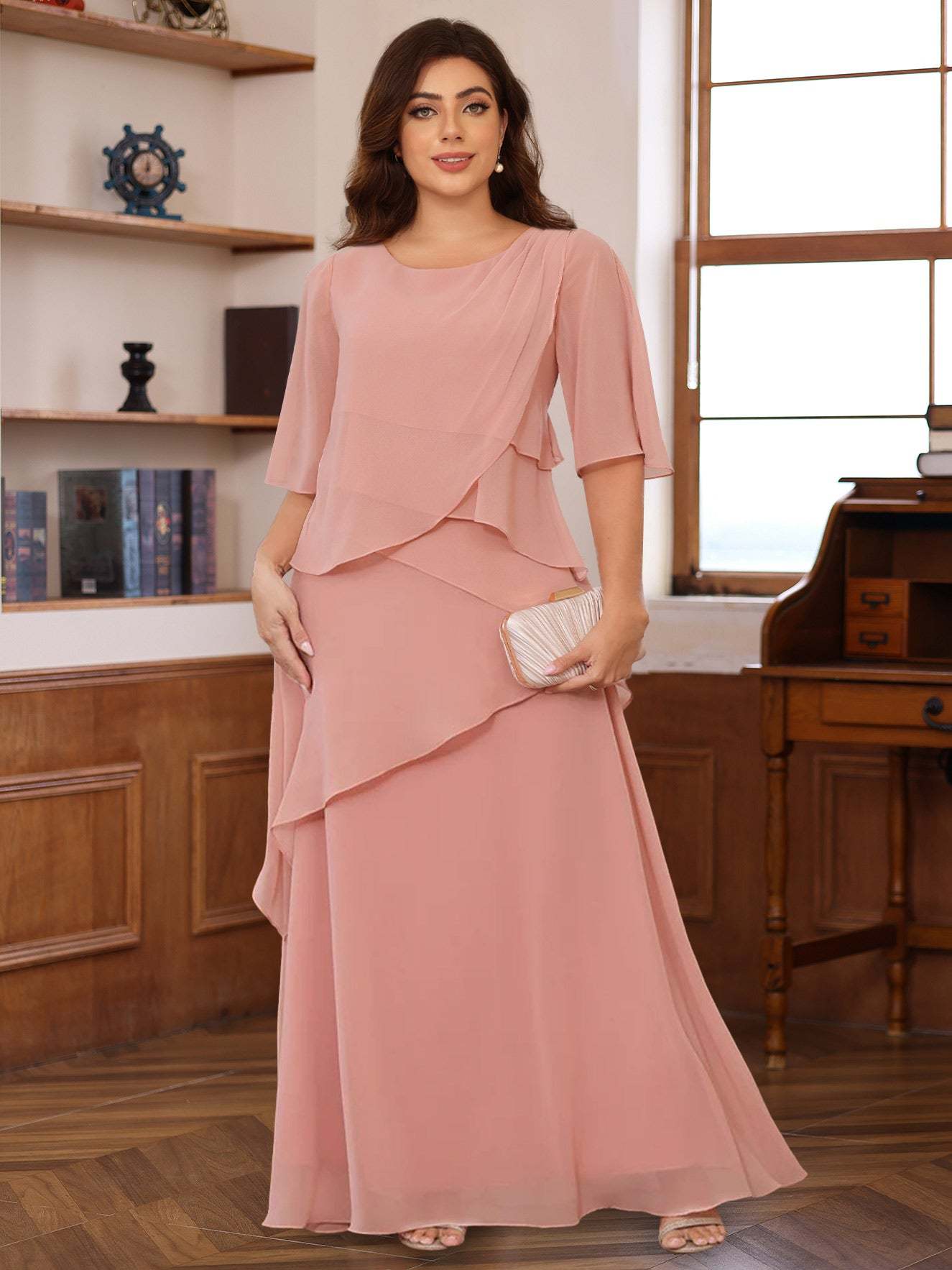 Plus Size Floor-Length Mother of the Bride A-Line Dress with Scoop Neck and Ruffled Half Sleeves