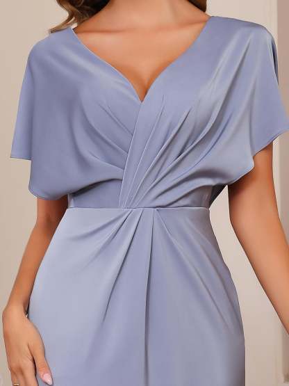 Unique V-Neck A-Line Princess Floor-Length Mother of the Bride Dress with Short Sleeves and Ruffles