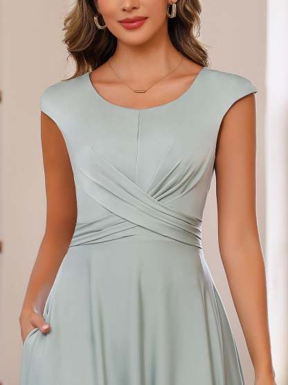 Floor-Length Mother of the Bride A-Line Dress with Scoop Neck and Ruffled Short Sleeves