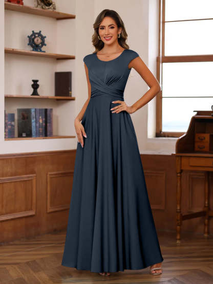 Floor-Length Mother of the Bride A-Line Dress with Scoop Neck and Ruffled Short Sleeves