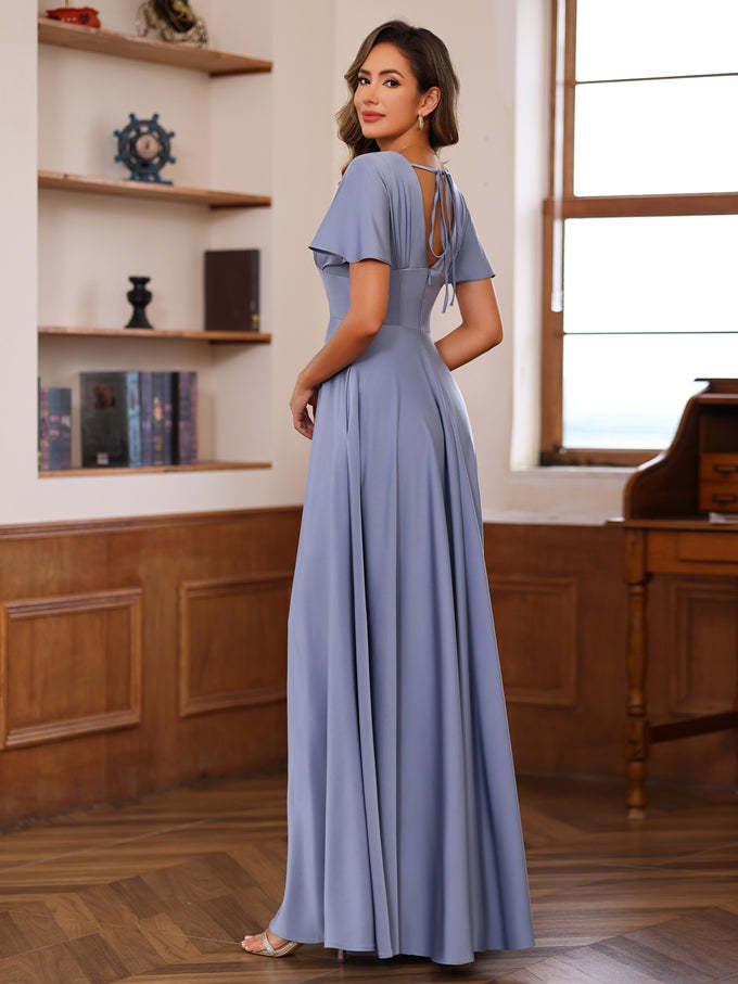 V-Neck A-Line Princess Floor-Length Mother of the Bride Dress with Short Sleeves and Ruffles