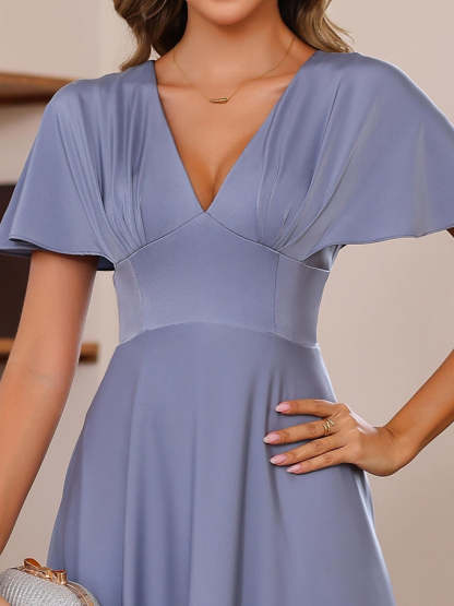 V-Neck A-Line Princess Floor-Length Mother of the Bride Dress with Short Sleeves and Ruffles