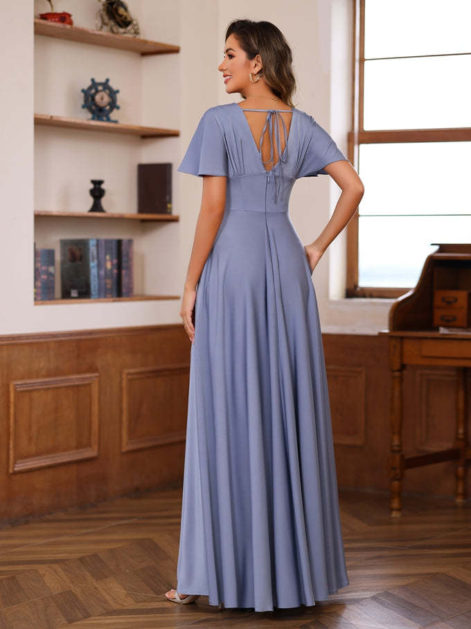 V-Neck A-Line Princess Floor-Length Mother of the Bride Dress with Short Sleeves and Ruffles