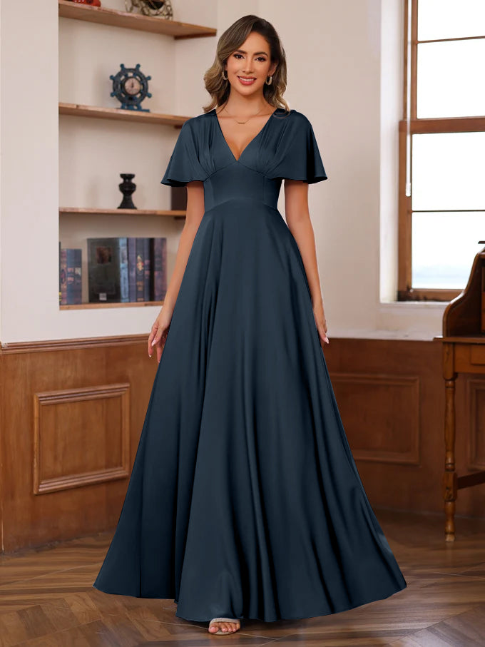 V-Neck A-Line Princess Floor-Length Mother of the Bride Dress with Short Sleeves and Ruffles