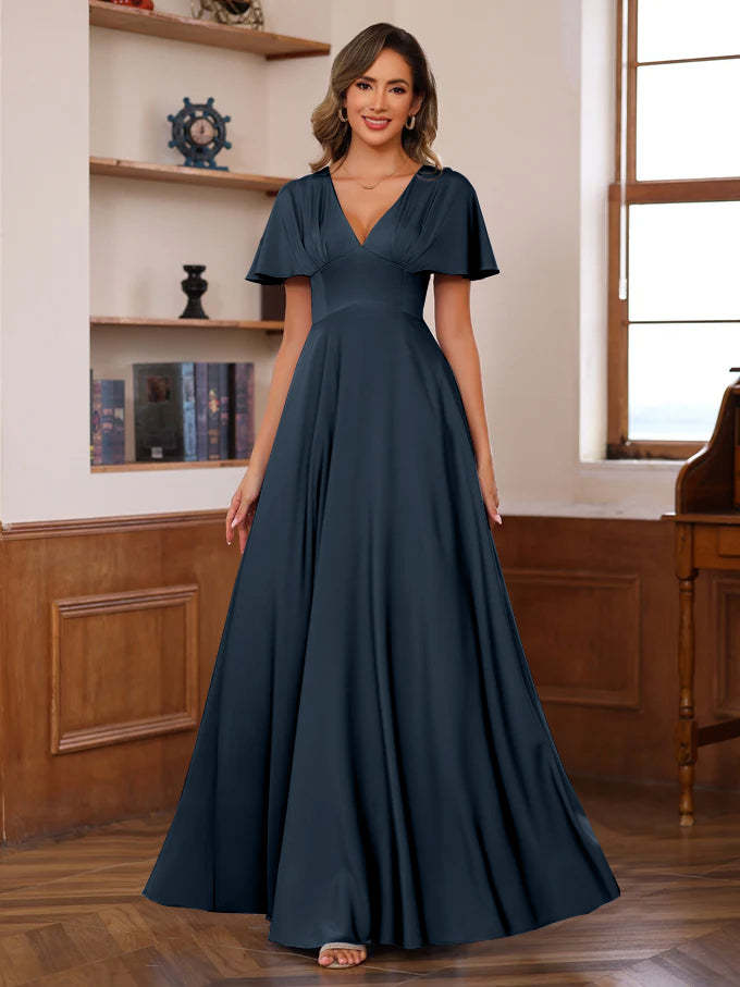 V-Neck A-Line Princess Floor-Length Mother of the Bride Dress with Short Sleeves and Ruffles