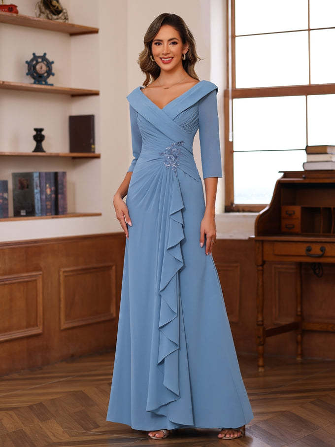 V-Neck 3/4 Sleeve Floor-Length Sheath/Column Mother of the Bride Dress with Ruffles & Appliques