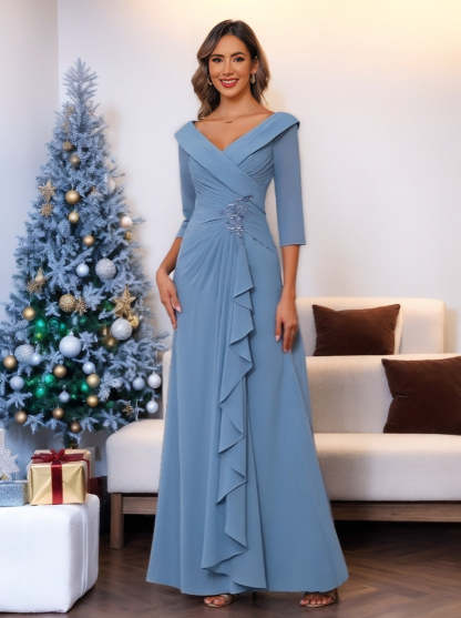 V-Neck 3/4 Sleeve Floor-Length Sheath/Column Mother of the Bride Dress with Ruffles & Appliques