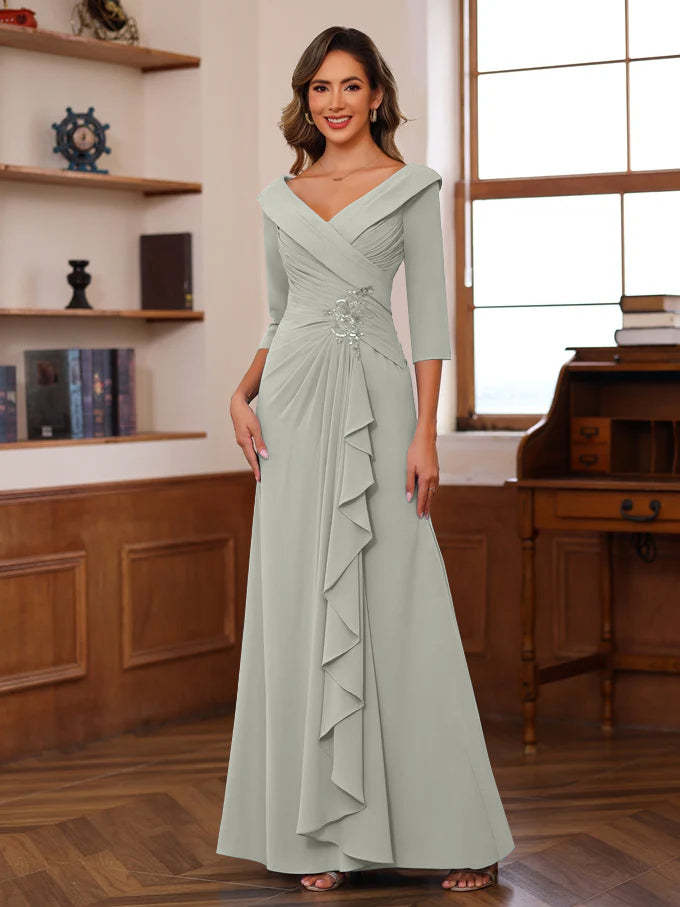 V-Neck 3/4 Sleeve Floor-Length Sheath/Column Mother of the Bride Dress with Ruffles & Appliques