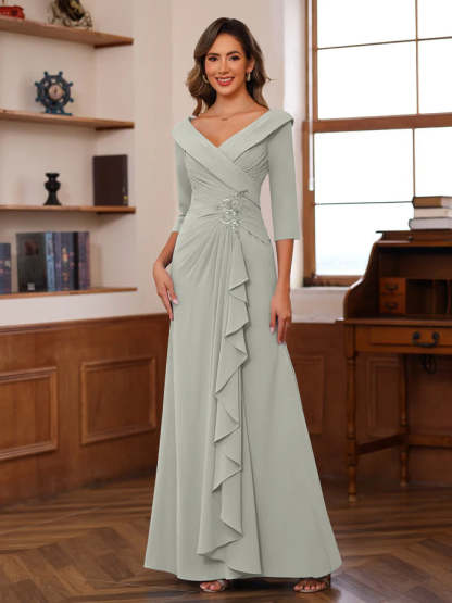 V-Neck 3/4 Sleeve Floor-Length Sheath/Column Mother of the Bride Dress with Ruffles & Appliques