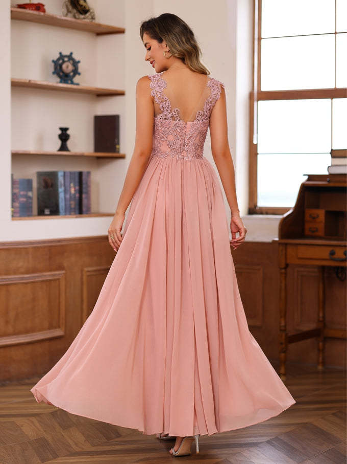 Floor-Length Princess V-Neck Mother of the Bride A-Line Dress with Appliques & Wrap in 2 Pics