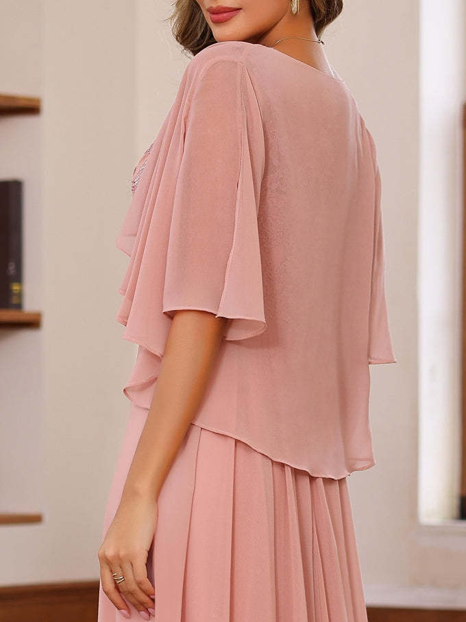 Floor-Length Princess V-Neck Mother of the Bride A-Line Dress with Appliques & Wrap in 2 Pics