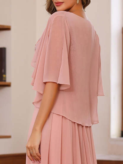 Floor-Length Princess V-Neck Mother of the Bride A-Line Dress with Appliques & Wrap in 2 Pics