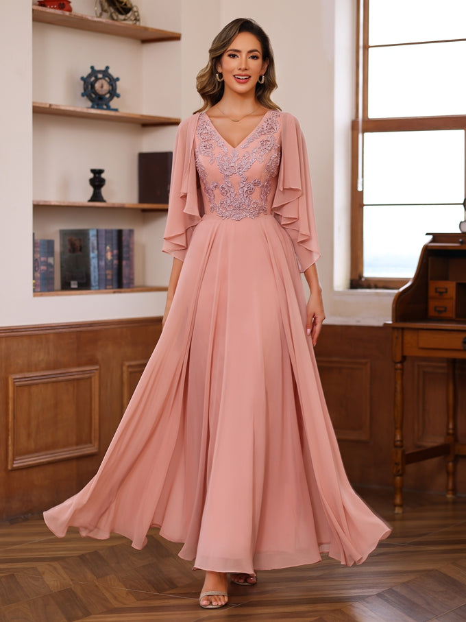 Floor-Length Princess V-Neck Mother of the Bride A-Line Dress with Appliques & Wrap in 2 Pics