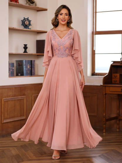 Floor-Length Princess V-Neck Mother of the Bride A-Line Dress with Appliques & Wrap in 2 Pics