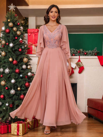 Floor-Length Princess V-Neck Mother of the Bride A-Line Dress with Appliques & Wrap in 2 Pics