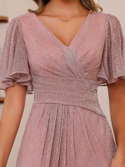 Unique V-Neck A-Line Princess Ankle-Length Mother of the Bride Dresses with Ruffles and Short Sleeves-BMbridal.UK