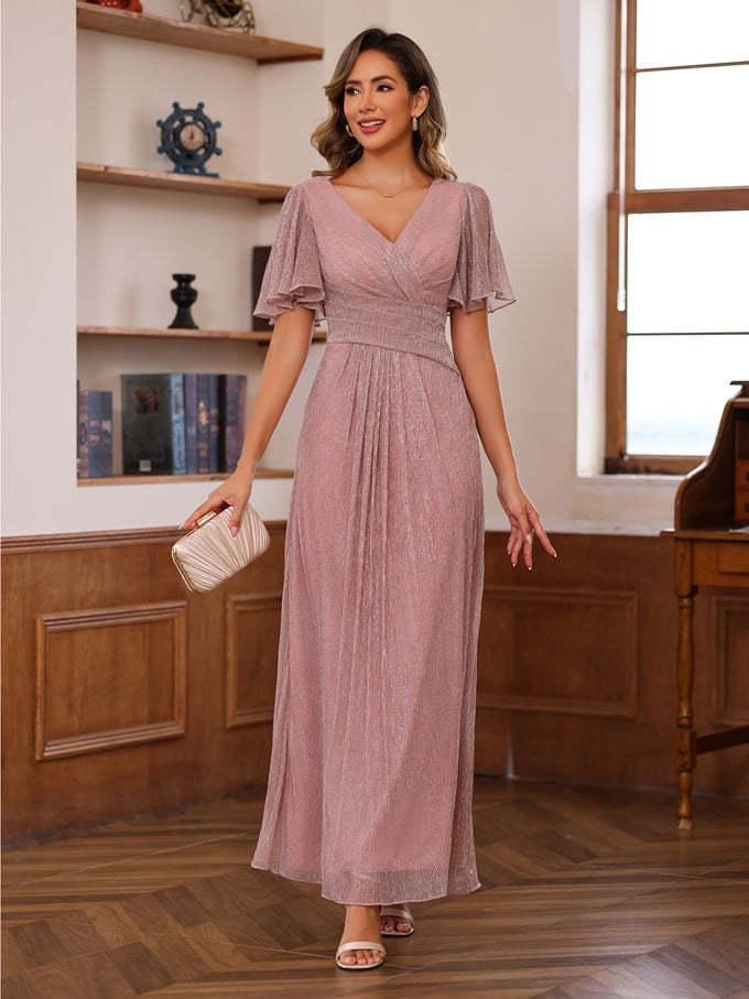 Unique V-Neck A-Line Princess Ankle-Length Mother of the Bride Dresses with Ruffles and Short Sleeves-BMbridal.UK