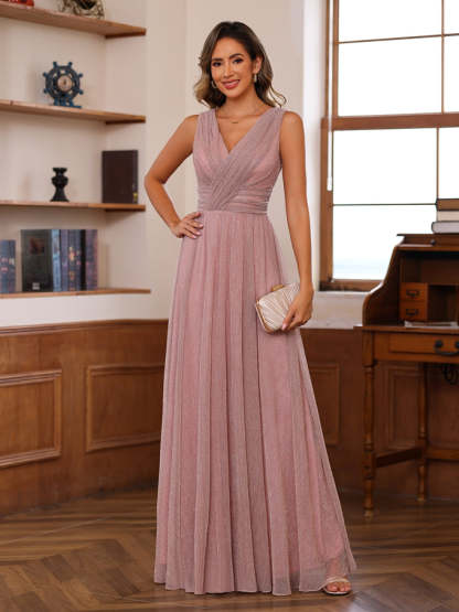 Unique V-Neck Sleeveless Floor-Length A-Line Mother of the Bride Dress with Ruffles