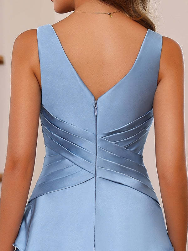 V-Neck Sleeveless A-Line Princess Floor-Length Mother of the Bride Dress With Ruffles & Wrap