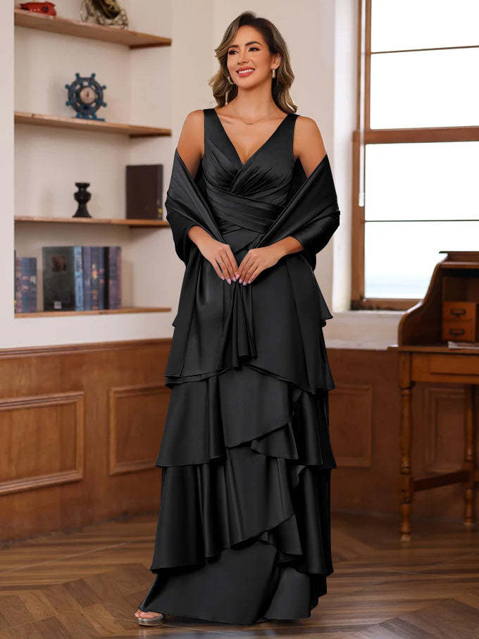 V-Neck Sleeveless A-Line Princess Floor-Length Mother of the Bride Dress With Ruffles & Wrap