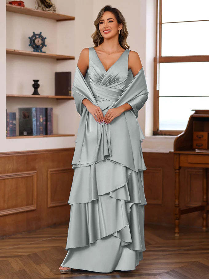 V-Neck Sleeveless A-Line Princess Floor-Length Mother of the Bride Dress With Ruffles & Wrap