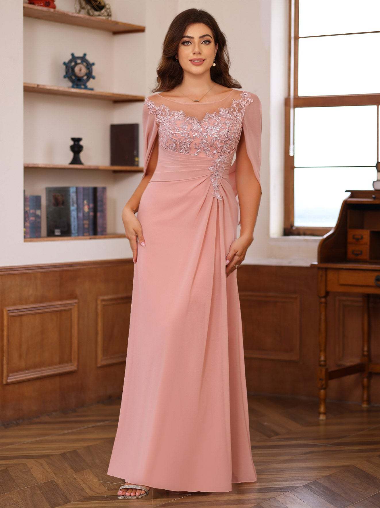 Plus Size Mother of the Bride A-Line Princess Scoop Floor-Length Outfits with Pleated & Sequins